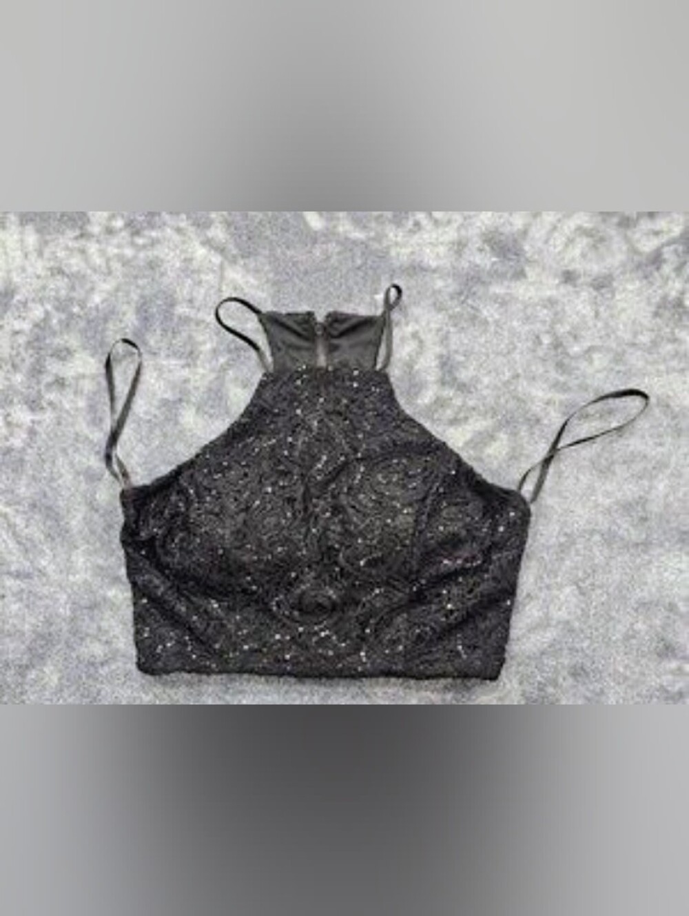 Like New! Chic Sequined Crochet Lace Halter Crop Top - Black